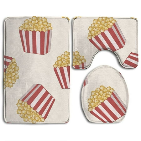 GOHAO Delicious Popcorn 3 Piece Bathroom Rugs Set Bath Rug Contour Mat and Toilet Lid Cover