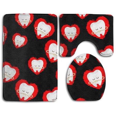 GOHAO Dental Hygienist Dentist Cartoon Teeth Heart Black 3 Piece Bathroom Rugs Set Bath Rug Contour Mat and Toilet Lid Cover