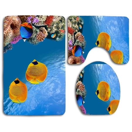 GOHAO Desktop Aquarium 3 Piece Bathroom Rugs Set Bath Rug Contour Mat and Toilet Lid Cover