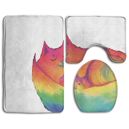 GOHAO Diamond Paintings Colorful Cats 3 Piece Bathroom Rugs Set Bath Rug Contour Mat and Toilet Lid Cover