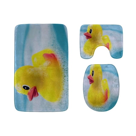 GOHAO Difference Rubber Ducks Manage to Line Up 3 Piece Bathroom Rugs Set Bath Rug Contour Mat and Toilet Lid Cover