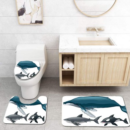 GOHAO Different Type Whale and Shark 3 Piece Bathroom Rugs Set Bath Rug Contour Mat and Toilet Lid Cover