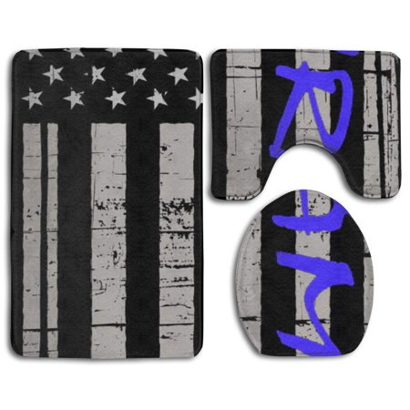 GOHAO Distressed Thin Blue Line Flag 3 Piece Bathroom Rugs Set Bath Rug Contour Mat and Toilet Lid Cover