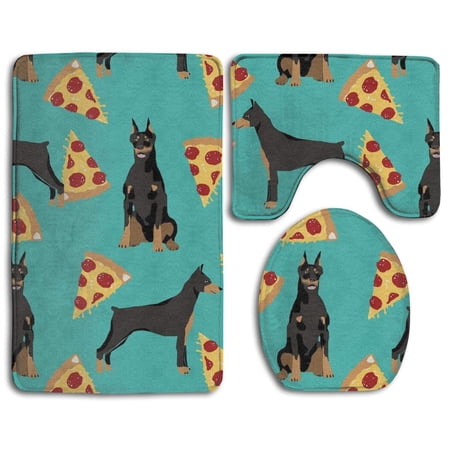 GOHAO Doberman Pinscher Turquoise Pizza 3 Piece Bathroom Rugs Set Bath Rug Contour Mat and Toilet Lid Cover