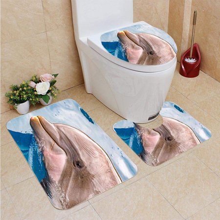 GOHAO Dolphin Close up Portrait Detail While Looking at You 3 Piece Bathroom Rugs Set Bath Rug Contour Mat and Toilet Lid Cover
