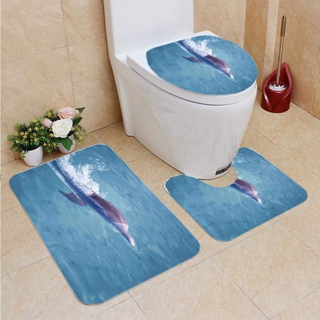 GOHAO Dolphin Close up in Pool 3 Piece Bathroom Rugs Set Bath Rug Contour Mat and Toilet Lid Cover
