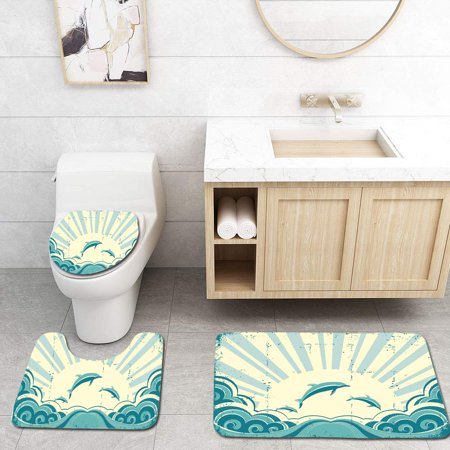 GOHAO Dolphin Nautical Inspirations in Dolphins Rising Sun and Swirled Ocean Waves Teal Pale 3 Piece Bathroom Rugs Set Bath Rug Contour Mat and Toilet Lid Cover