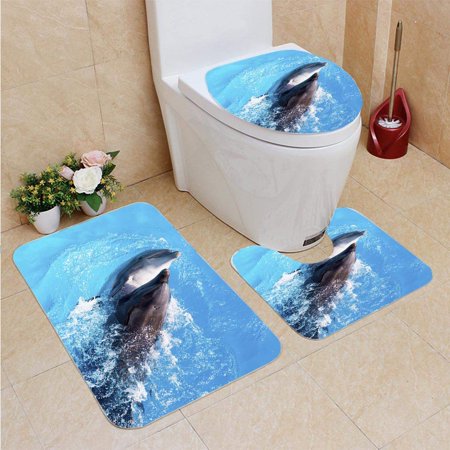 GOHAO Dolphins Swim in Pool Close up 3 Piece Bathroom Rugs Set Bath Rug Contour Mat and Toilet Lid Cover