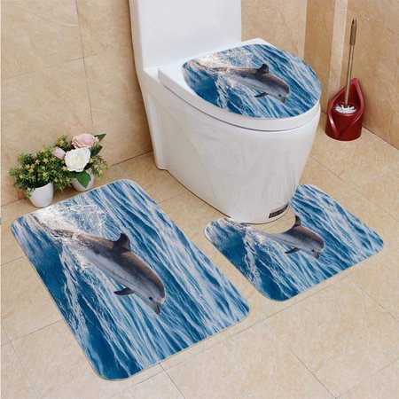 GOHAO Dolphins While Jumping in deep sea 3 Piece Bathroom Rugs Set Bath Rug Contour Mat and Toilet Lid Cover