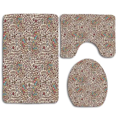 GOHAO Doodle Birds Folk Clothes in an Abstract Romantic Setting Hearts Flowers Ethnic Doodle 3 Piece Bathroom Rugs Set Bath Rug Contour Mat and Toilet Lid Cover