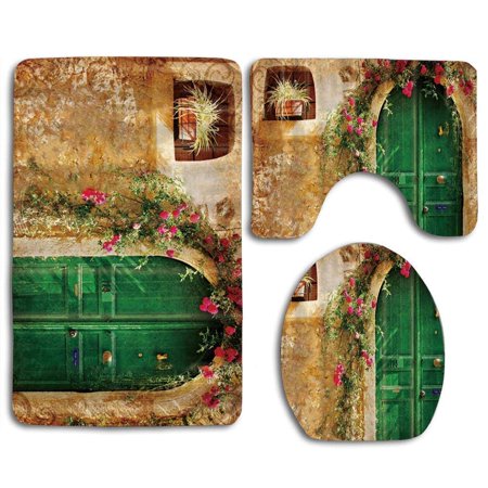 GOHAO Door Flowers Full Wall 3 Piece Bathroom Rugs Set Bath Rug Contour Mat and Toilet Lid Cover