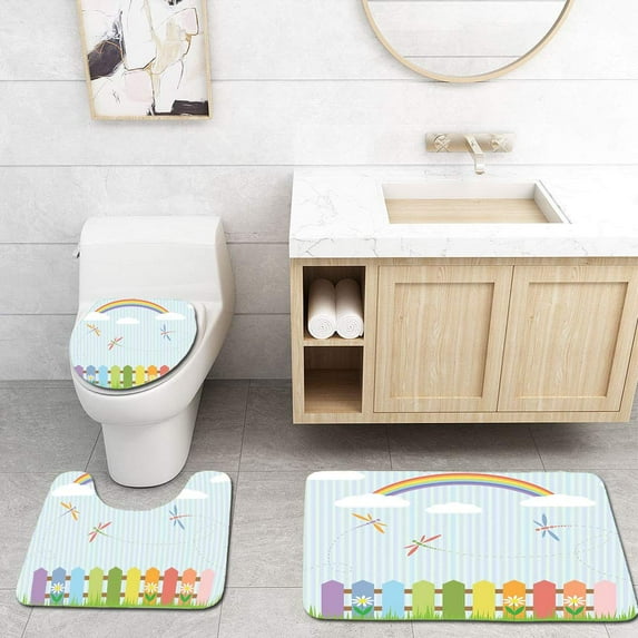 GOHAO Dragonfly Colorful Dragonflies Drifting Over Fences on a Sunny Rainbow Day Kids Nursery Theme 3 Piece Bathroom Rugs Set Bath Rug Contour Mat and Toilet Lid Cover