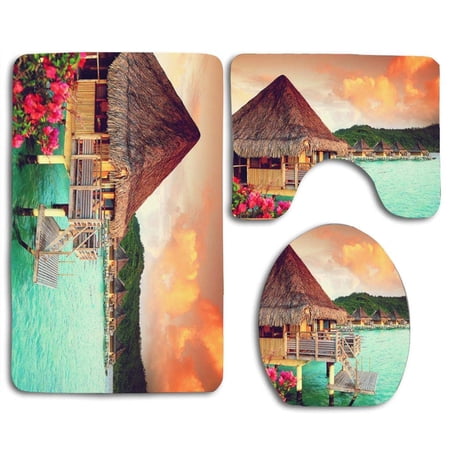 GOHAO Dream Beach House 3 Piece Bathroom Rugs Set Bath Rug Contour Mat and Toilet Lid Cover