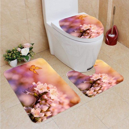 GOHAO Dreamy Photo Cherry Flower 3 Piece Bathroom Rugs Set Bath Rug Contour Mat and Toilet Lid Cover