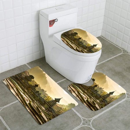 GOHAO Early Morning Entrance Village Zhao Xing rain and Wind Bridge 3 Piece Bathroom Rugs Set Bath Rug Contour Mat and Toilet Lid Cover