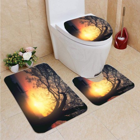GOHAO Early Morning Shower 3 Piece Bathroom Rugs Set Bath Rug Contour Mat and Toilet Lid Cover