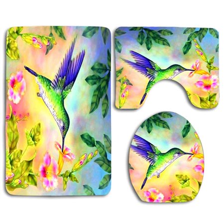 GOHAO Eastern Streamertail Flowers Birds 3 Piece Bathroom Rugs Set Bath Rug Contour Mat and Toilet Lid Cover