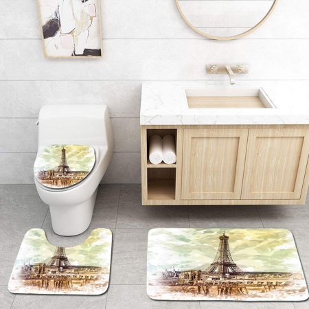 GOHAO Eiffel Tower Pastel Watercolor Style Vintage Eiffel Tower Skyline Parisian Theme 3 Piece Bathroom Rugs Set Bath Rug Contour Mat and Toilet Lid Cover