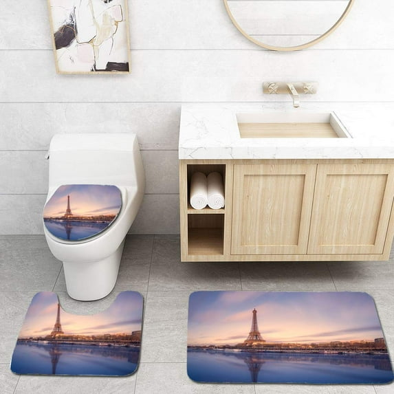 GOHAO Eiffel Tower and Seine River at Sunset Paris 3 Piece Bathroom Rugs Set Bath Rug Contour Mat and Toilet Lid Cover