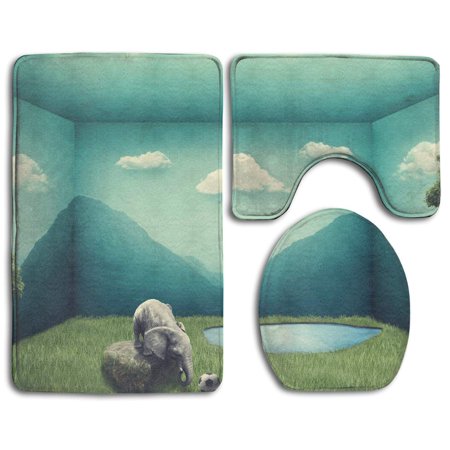 GOHAO Elephants Nature 3 Piece Bathroom Rugs Set Bath Rug Contour Mat and Toilet Lid Cover