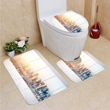 GOHAO Empty Marble Floor Window Panoramic Modern Cityscape Building Bird Eye Aerial View Shinjuku Tokyo 3 Piece Bathroom Rugs Set Bath Rug Contour Mat and Toilet Lid Cover