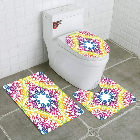 GOHAO Ethnic Abstract Ombre Vivid Rainbow Colored Lace Mandala Tie Dye Flower Kids Hippie 3 Piece Bathroom Rugs Set Bath Rug Contour Mat and Toilet Lid Cover