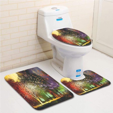 GOHAO Fairy Forest Mysterious Trees Birds Supernatural Vivid Wonder World Purple 3 Piece Bathroom Rugs Set Bath Rug Contour Mat and Toilet Lid Cover