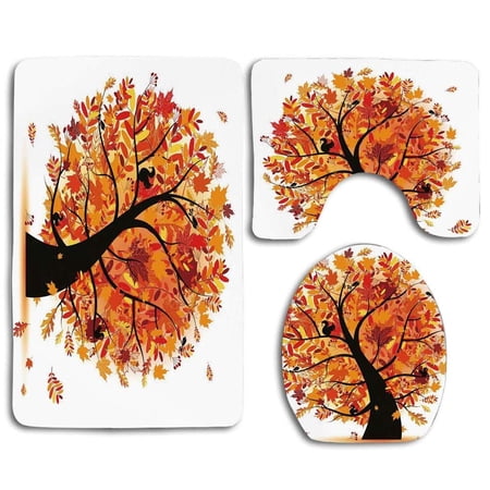 GOHAO Fall Curvy Tree 3 Piece Bathroom Rugs Set Bath Rug Contour Mat and Toilet Lid Cover