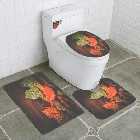 GOHAO Fall Leaf Border on Wood 3 Piece Bathroom Rugs Set Bath Rug Contour Mat and Toilet Lid Cover