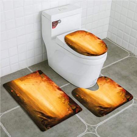 GOHAO Fall Mysterious Valley Mushrooms and Falling Leaves Bird House Fall Forest 3 Piece Bathroom Rugs Set Bath Rug Contour Mat and Toilet Lid Cover