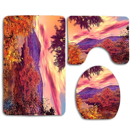 GOHAO Fall Reflections Moutain 3 Piece Bathroom Rugs Set Bath Rug Contour Mat and Toilet Lid Cover