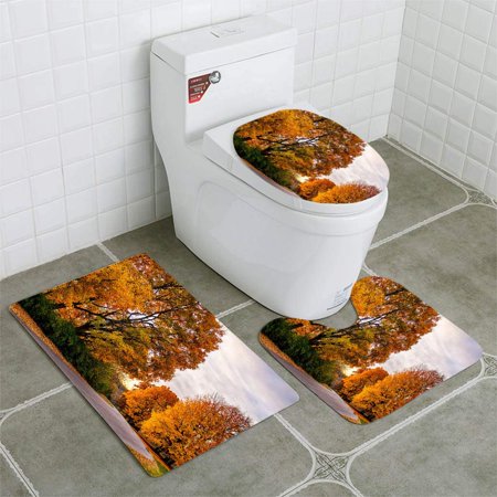 GOHAO Fall Road 3 Piece Bathroom Rugs Set Bath Rug Contour Mat and Toilet Lid Cover