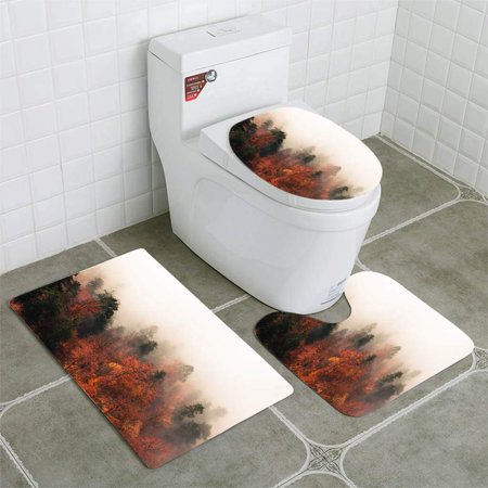 GOHAO Fantastic Autumn Forest Landscape Lots Trees in Fog 3 Piece Bathroom Rugs Set Bath Rug Contour Mat and Toilet Lid Cover