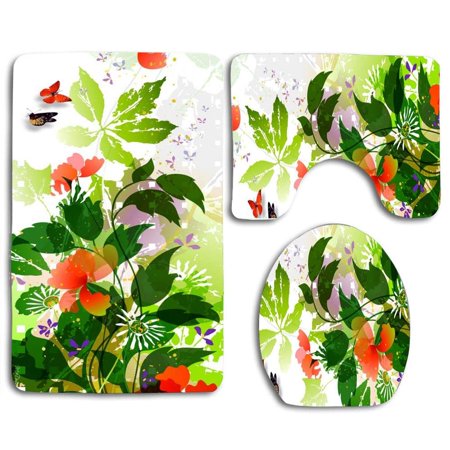 GOHAO Fantastic Summer Foliage 3 Piece Bathroom Rugs Set Bath Rug Contour Mat and Toilet Lid Cover