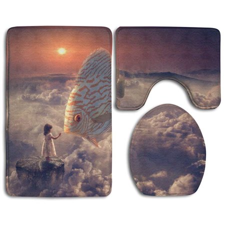 GOHAO Fantasy Girl Fish Clouds Sky 3 Piece Bathroom Rugs Set Bath Rug Contour Mat and Toilet Lid Cover