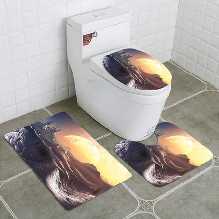 GOHAO Fantasy House Futuristic City Through Snow Towers Space Science Fiction 3 Piece Bathroom Rugs Set Bath Rug Contour Mat and Toilet Lid Cover