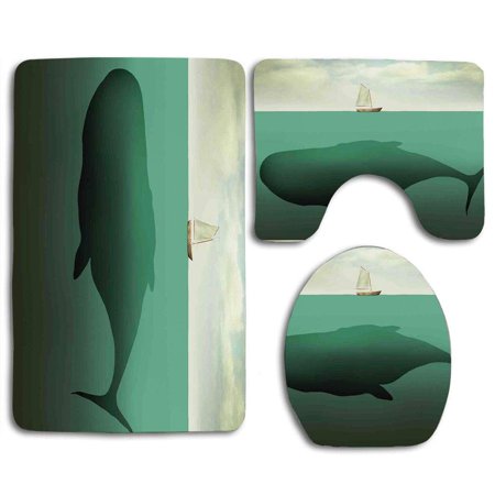 GOHAO Fantasy House Surreal Giant Whale in Middle Sea and Little Sailboat on Surface 3 Piece Bathroom Rugs Set Bath Rug Contour Mat and Toilet Lid Cover