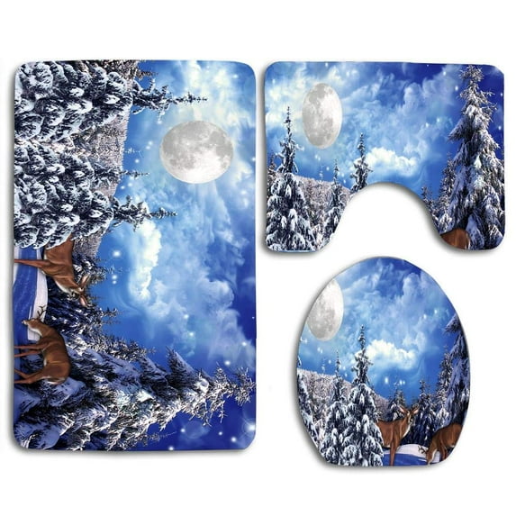 GOHAO Fantasy Winter Forest Doe Blue Buck 3 Piece Bathroom Rugs Set Bath Rug Contour Mat and Toilet Lid Cover