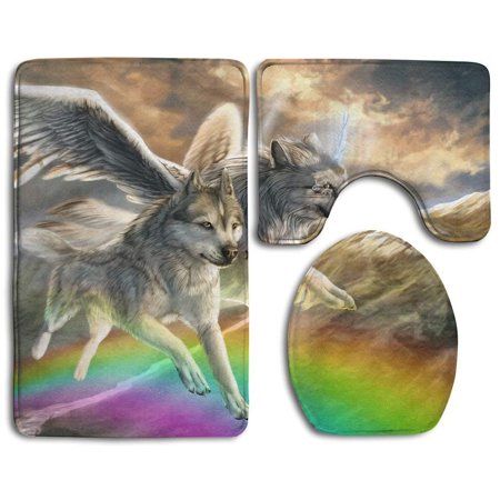 GOHAO Fantasy Wolf Flying Over Rainbow Bridge 3 Piece Bathroom Rugs Set Bath Rug Contour Mat and Toilet Lid Cover
