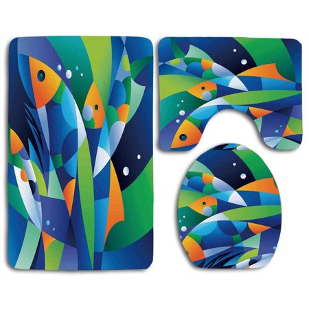 GOHAO Farm House Abstract Digital Geometric Pieced Fish Circle Curves Depths Ocean 3 Piece Bathroom Rugs Set Bath Rug Contour Mat and Toilet Lid Cover
