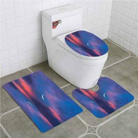 GOHAO Farm House Surreal Sky Water Surface Crescent Moon Fantasy Colors Scenery 3 Piece Bathroom Rugs Set Bath Rug Contour Mat and Toilet Lid Cover
