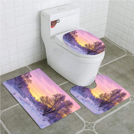 GOHAO Farm House Winter Landscape Sunset and Frozen Trees Ice Weather Blizzard 3 Piece Bathroom Rugs Set Bath Rug Contour Mat and Toilet Lid Cover
