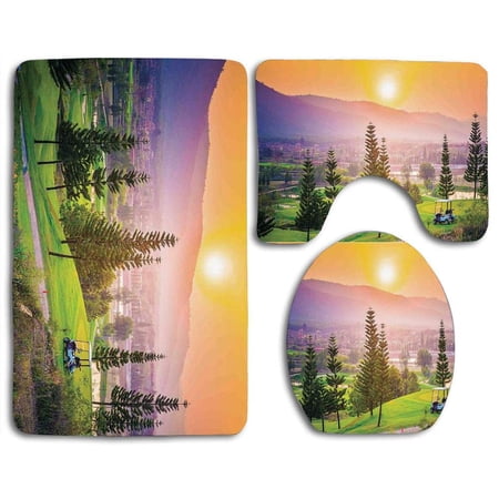 GOHAO Farm Vibrant Golf Resort Park in Spring Season Trees Sunset Hills Valley 3 Piece Bathroom Rugs Set Bath Rug Contour Mat and Toilet Lid Cover