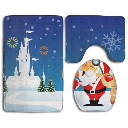 GOHAO Fashion Christmas Castle 3 Piece Bathroom Rugs Set Bath Rug Contour Mat and Toilet Lid Cover