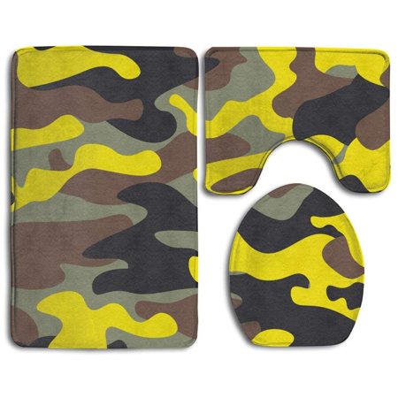 GOHAO Fashion Wide Woodland and Yellow Camo 3 Piece Bathroom Rugs Set Bath Rug Contour Mat and Toilet Lid Cover
