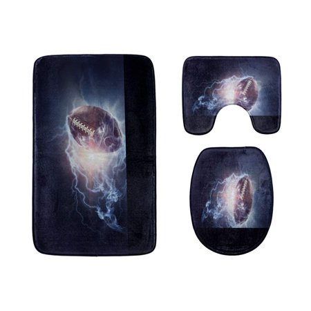 GOHAO Fashional Elliptical Rugby Sport 3 Piece Bathroom Rugs Set Bath Rug Contour Mat and Toilet Lid Cover