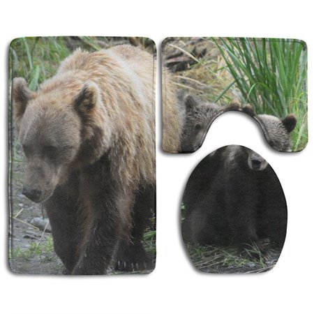 GOHAO Fat Bear 3 Piece Bathroom Rugs Set Bath Rug Contour Mat and Toilet Lid Cover