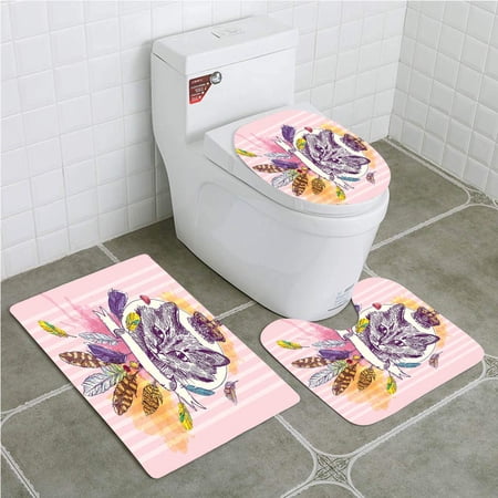 GOHAO Feather Hand Drawn Cat Crown Sketchy Boho Ink Drawing Style Hippie 3 Piece Bathroom Rugs Set Bath Rug Contour Mat and Toilet Lid Cover