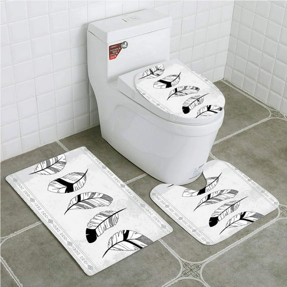 GOHAO Feather Stylized Doodle Borders Triangle Motifs Artistic Bohemian Western Black 3 Piece Bathroom Rugs Set Bath Rug Contour Mat and Toilet Lid Cover