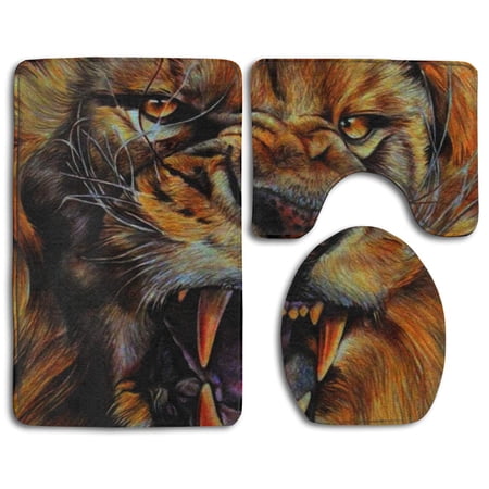 GOHAO Ferocious Lion 3 Piece Bathroom Rugs Set Bath Rug Contour Mat and Toilet Lid Cover